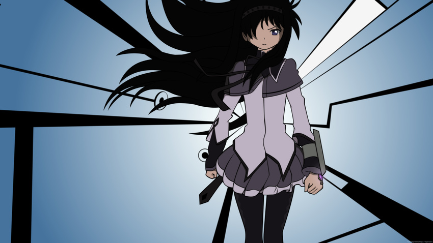 akemi_homura black_hair black_legwear hairband highres long_hair mahou_shoujo_madoka_magica negativezero pantyhose solo time_tunnel_(madoka_magica) vector_trace wallpaper