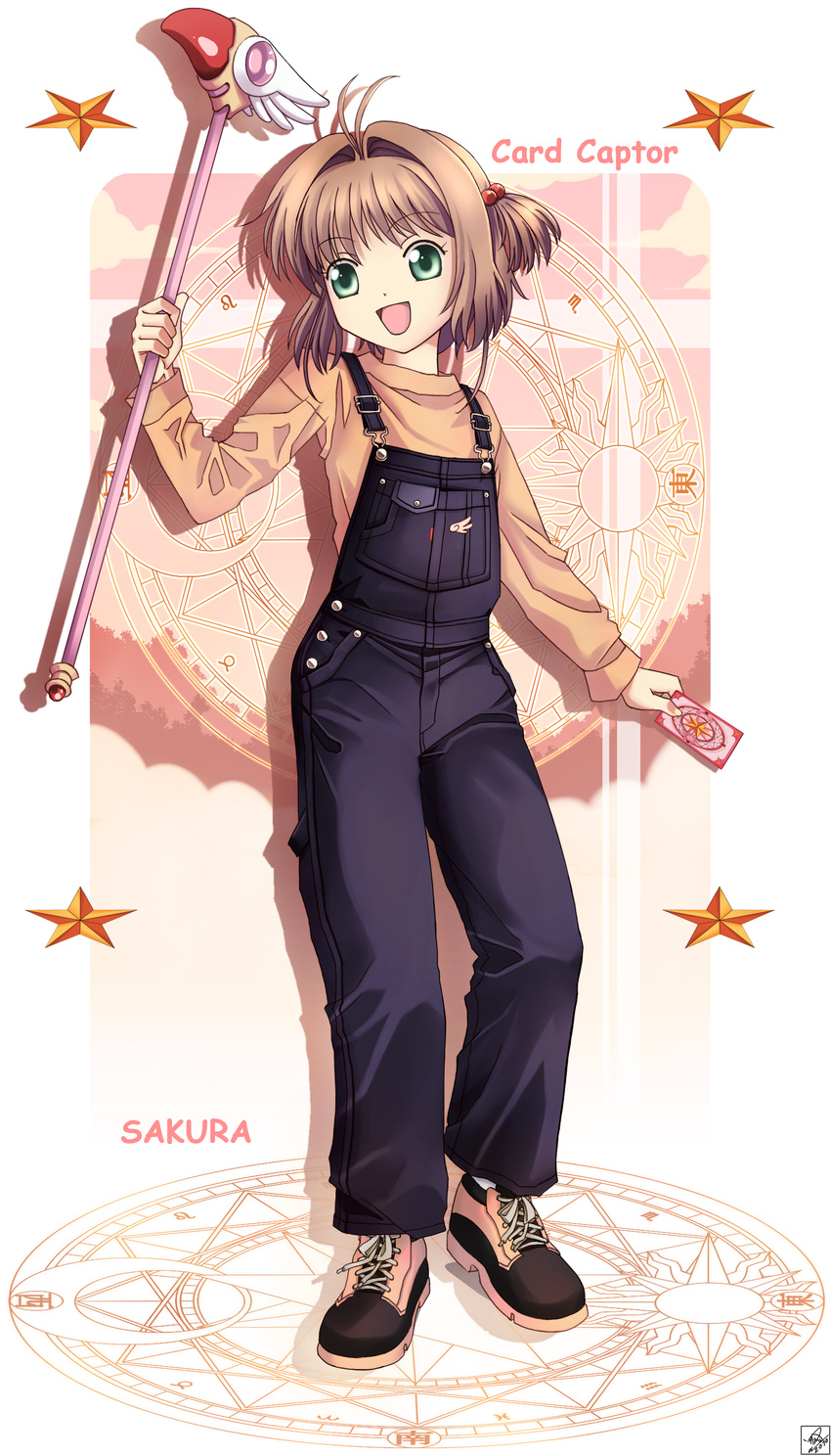 absurdres bad_id bad_pixiv_id brown_hair card card_(medium) cardcaptor_sakura full_body fuuin_no_tsue green_eyes highres holding holding_card kinomoto_sakura magic_circle magical_girl overalls ranshao sakura_card short_hair solo twintails wand