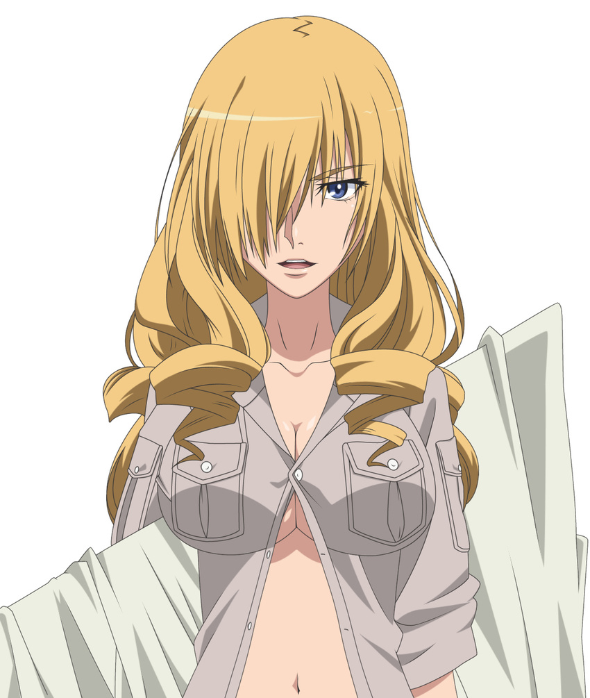 blonde_hair blue_eyes breasts cleavage drill_hair face hair_over_one_eye highres large_breasts long_hair navel no_bra oriana_thomason sleeves_rolled_up smile_(rz) solo to_aru_majutsu_no_index