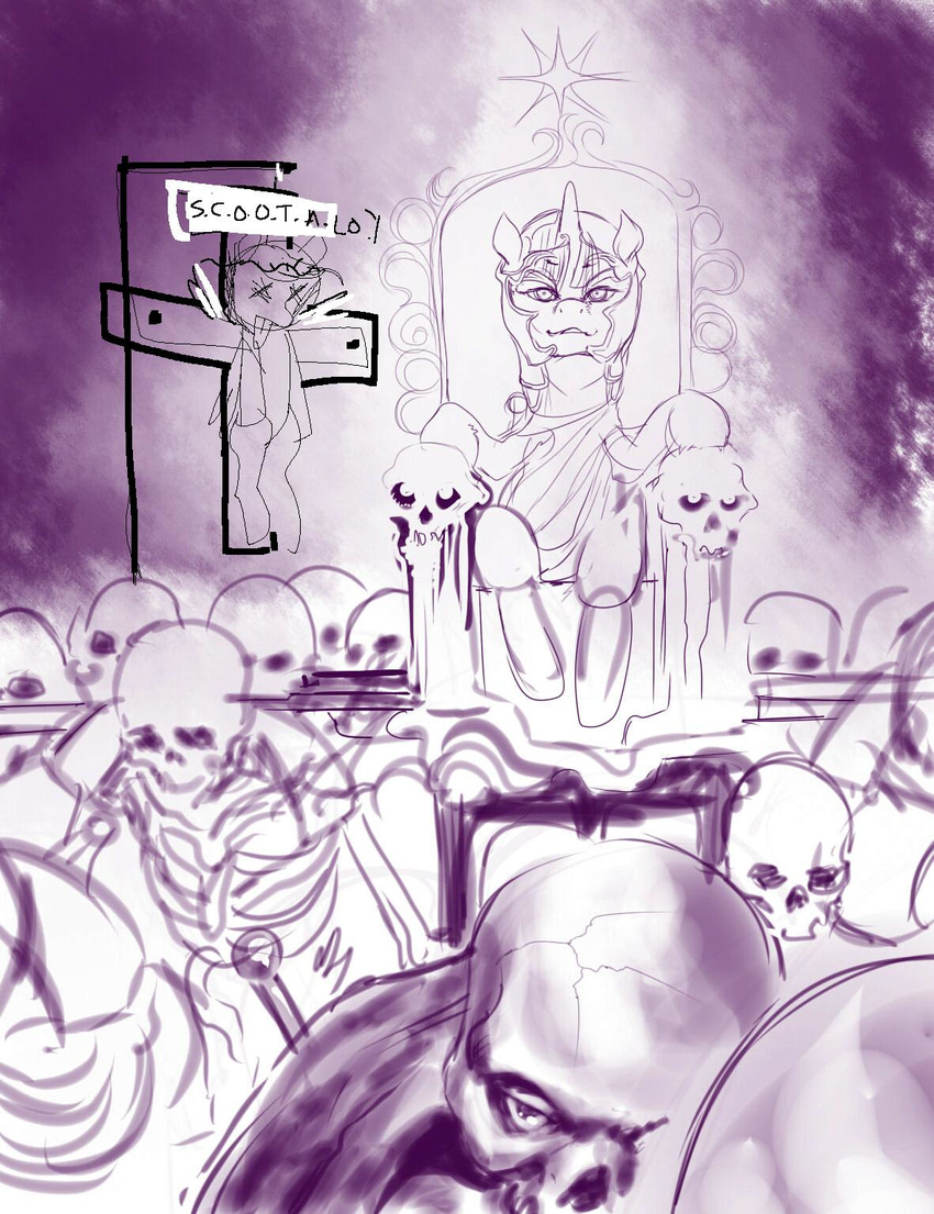 armor bone corruption crucifixion death equine evil female feral friendship_is_magic helmet horn horns horse magic_user mammal monochrome my_little_pony necromancer pegasus pony purple_and_white scootaloo_(mlp) skeleton skull skulls throne twilight_sparkle_(mlp) undead unicorn unknown_artist wings