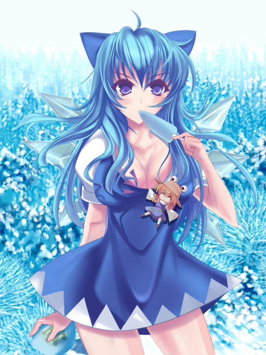 bad_id bad_pixiv_id blue_dress blue_eyes blue_hair bow breasts chibi cirno cleavage dress food frog frozen frozen_frog hair_bow highres ice_cream large_breasts long_hair marionette_(excle) minigirl moriya_suwako multiple_girls older popsicle touhou wings