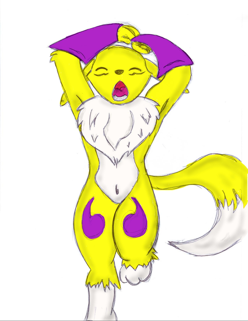 canine digimon eyes_closed female fox gloves renamon soft solo standing stretching tail unknown_artist yellow