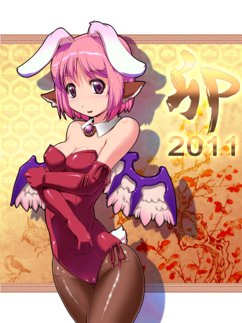 2011 absurdres animal_ears bunny_ears bunnysuit elbow_gloves gloves highres mystia_lorelei new_year pantyhose pink_hair short_hair solo touhou wings you_naka