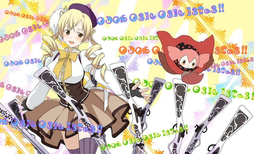 beret blonde_hair blush boots bow brown_legwear charlotte_(madoka_magica) corset detached_sleeves drill_hair ekra fingerless_gloves gloves gun hair_ornament hairpin hat madoka_runes magical_girl magical_musket mahou_shoujo_madoka_magica open_mouth pleated_skirt puffy_sleeves ribbon rifle runes shirt skirt striped striped_legwear taut_clothes taut_shirt thighhighs tomoe_mami twin_drills twintails vertical-striped_legwear vertical_stripes weapon yellow_eyes zettai_ryouiki