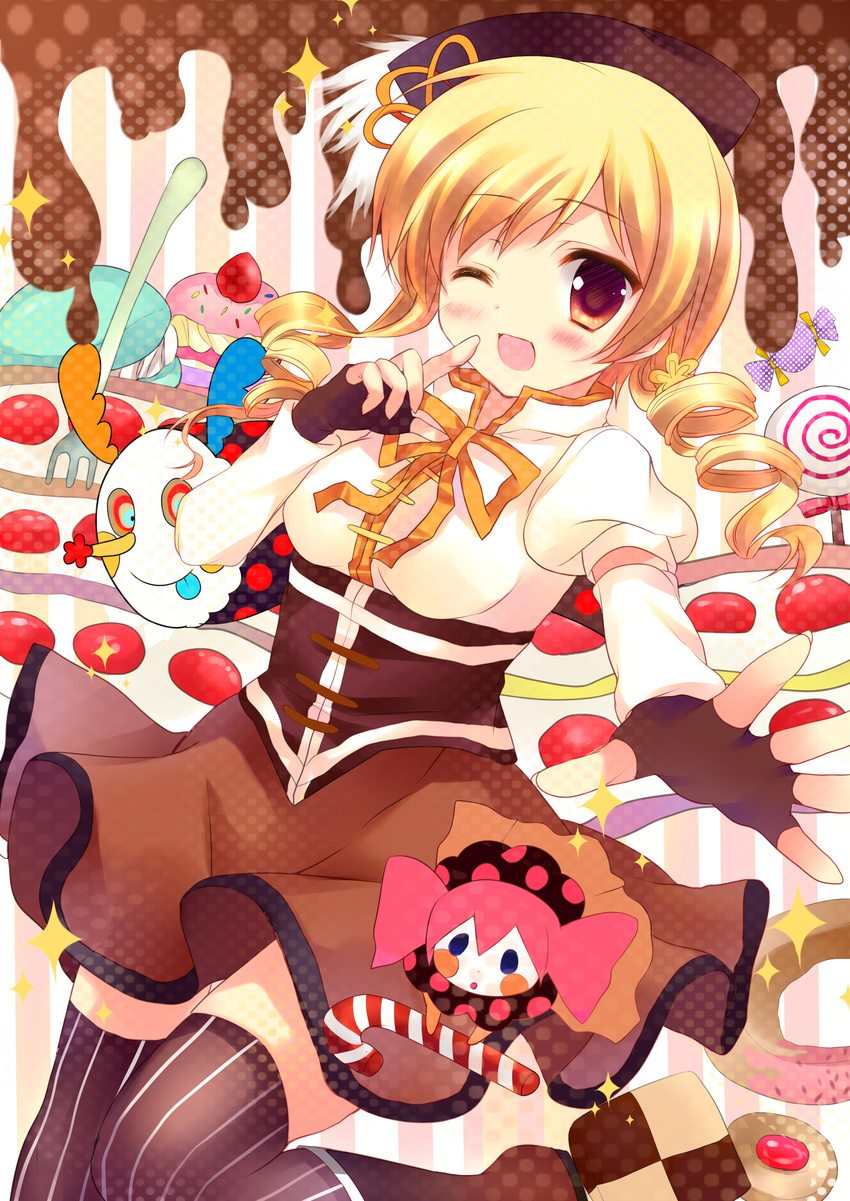 ;d absurdres azumi_kazuki blonde_hair blush charlotte_(madoka_magica) drill_hair finger_to_mouth fingerless_gloves gloves hat highres long_hair magical_girl mahou_shoujo_madoka_magica one_eye_closed open_mouth smile thighhighs tomoe_mami twin_drills twintails witch's_labyrinth yellow_eyes