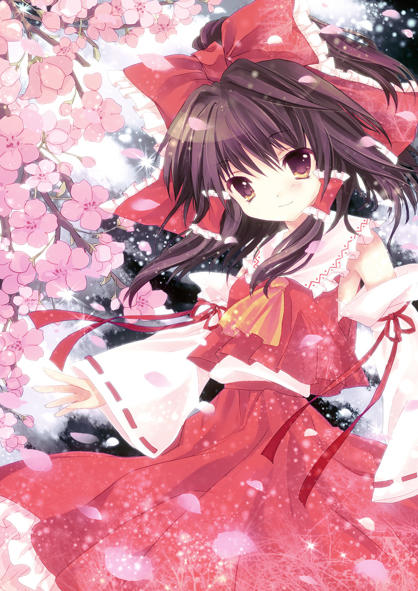 ascot bow branch brown_eyes brown_hair cherry_blossoms detached_sleeves dress hair_bow hair_ribbon hair_tubes hakurei_reimu highres long_hair petals red_dress ribbon smile solo touhou yellow_eyes yukim27