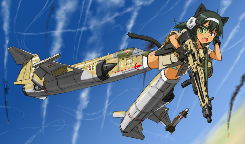 adapted_uniform animal_ears bad_id bad_pixiv_id black_hair brown_eyes camouflage cat_ears cat_tail commentary condensation_trail dakku_(ogitsune) dark_skin day drum_magazine eyepiece f-104_starfighter flying full_body gun heads-up_display holster machine_gun mg3 mg42 missile open_mouth panties scope smoke solo strike_witches_1991 striker_unit striped striped_panties tail underwear uniform vertical_foregrip weapon world_witches_series