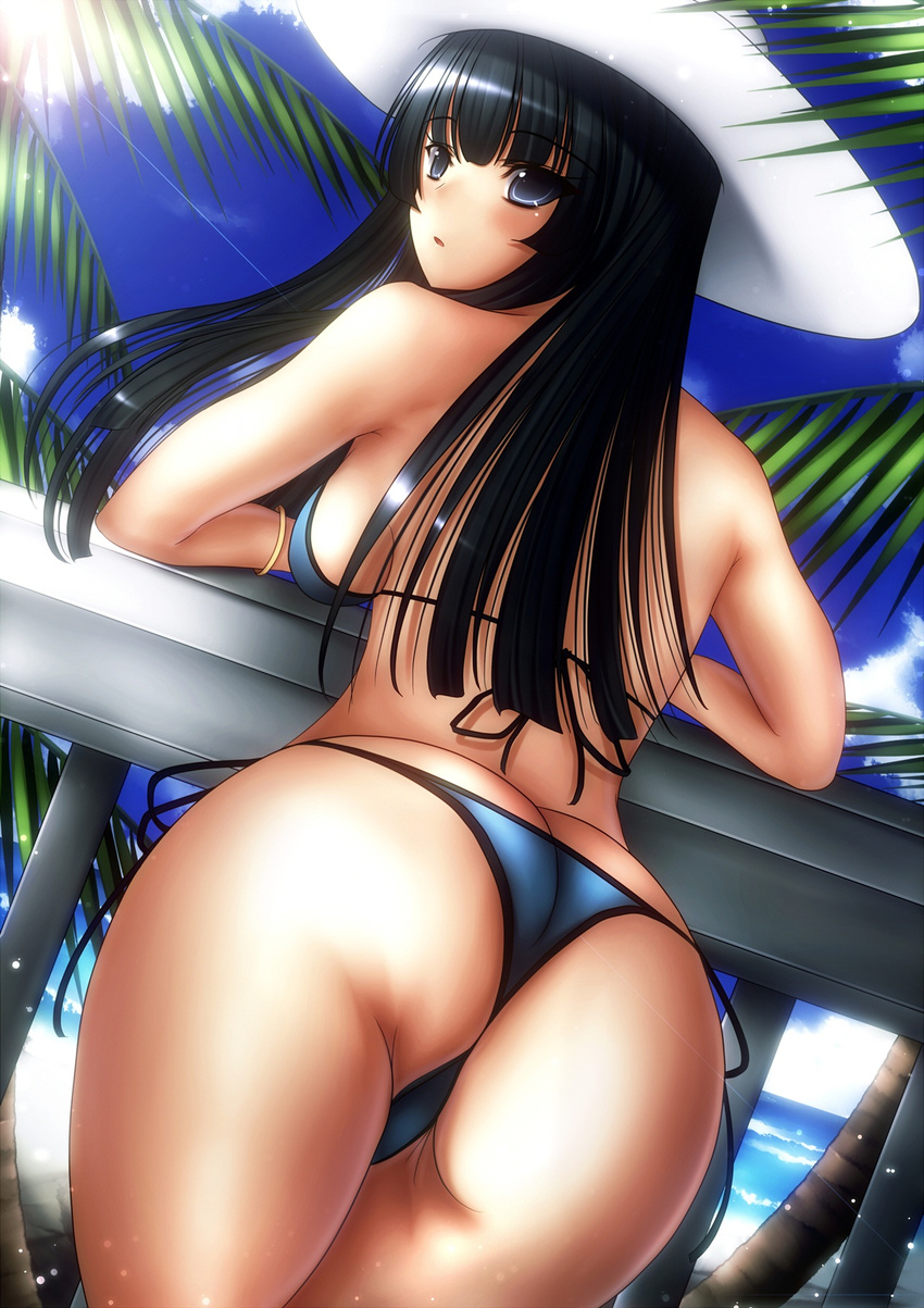 1girl ass bad_id beach big_ass big_butt bikini black_hair blue_eyes hat highres huge_ass long_hair looking_back mikan_(5555) ocean palm_trees solo swimsuit thong_bikini