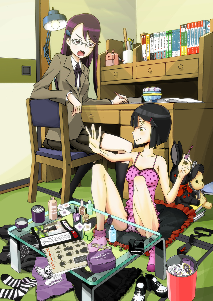 bare_legs bare_shoulders black_hair book chair clothes dark_precure desk eraser glasses hair_ornament hairclip heartcatch_precure! highres lamp lingerie long_hair magazine makeup morockol multiple_girls nail_polish_bottle necktie pencil polka_dot precure purple_eyes purple_hair room ruler school_uniform scissors shoes short_hair sitting socks studying stuffed_animal stuffed_bunny stuffed_toy table tank_top teddy_bear trash_can tsukikage_yuri underwear wallet yellow_eyes