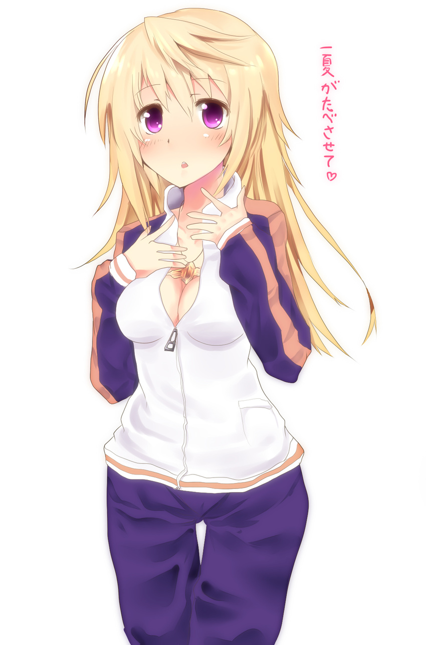 blonde_hair blush breasts charlotte_dunois cleavage e-co highres infinite_stratos jacket jewelry long_hair medium_breasts necklace purple_eyes solo track_jacket track_suit zipper