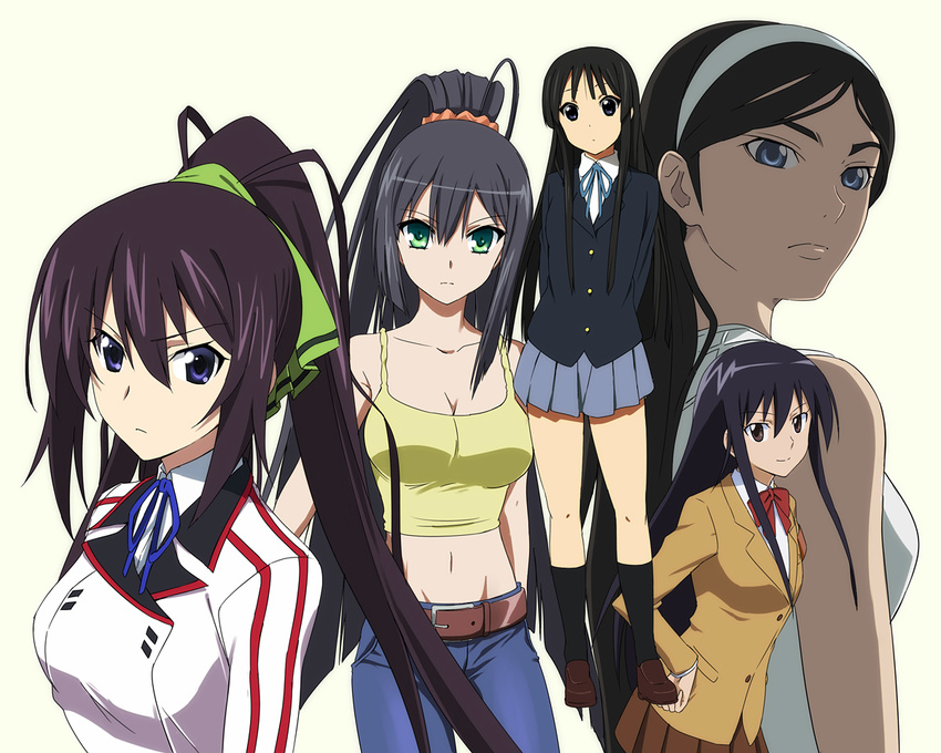 akiyama_mio amakusa_shino bow bowtie breasts cleavage collarbone color_connection contrapposto crossover dark_skin denim expressionless hairband hikasa_youko infinite_stratos jeans k-on! kore_wa_zombie_desu_ka? kumashiro_maya long_hair looking_at_viewer medium_breasts midriff multiple_girls navel pants ponytail red_bow red_neckwear saitoyu00 seikimatsu_occult_gakuin seitokai_yakuindomo seiyuu_connection seraphim_(kore_wa_zombie_desu_ka?) shinonono_houki standing stomach