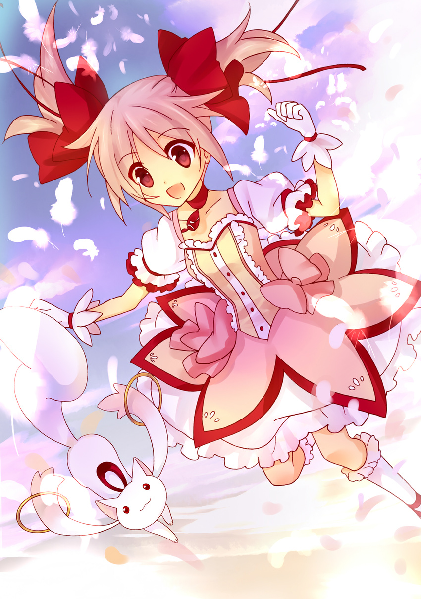 bad_id bad_pixiv_id bow bubble_skirt choker cloud feathers floating_hair gloves hair_bow highres jumping kaname_madoka kneehighs kyubey magical_girl mahou_shoujo_madoka_magica mitsuhashitaeko open_mouth pink_eyes pink_hair puffy_sleeves red_choker short_twintails skirt sky smile twintails white_gloves white_legwear