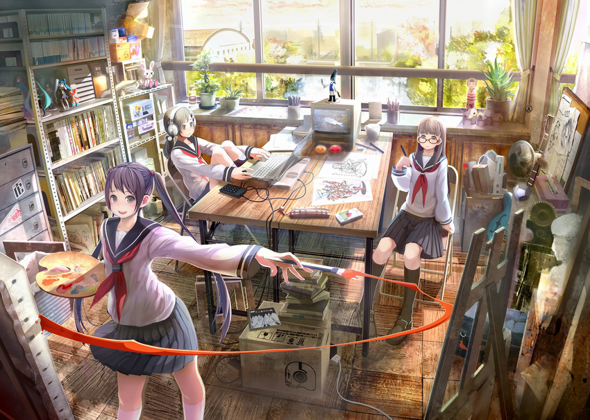 art_brush bad_perspective bad_proportions book bookshelf box canvas_(object) cardboard_box cd character_doll computer easel electric_fan figure glasses hatsune_miku headphones highres indoors laptop long_hair multiple_girls original outstretched_arm paint paintbrush painting palette plant potted_plant room school school_uniform serafuku shirakaba short_hair sitting television twintails very_long_hair vocaloid window