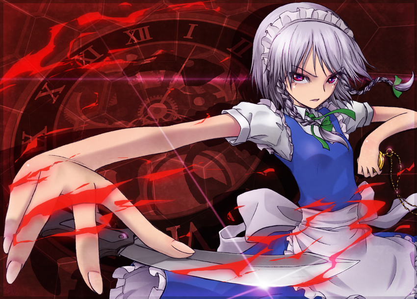 ah-negitorow braid izayoi_sakuya knife maid maid_headdress red_eyes short_hair silver_hair solo touhou twin_braids