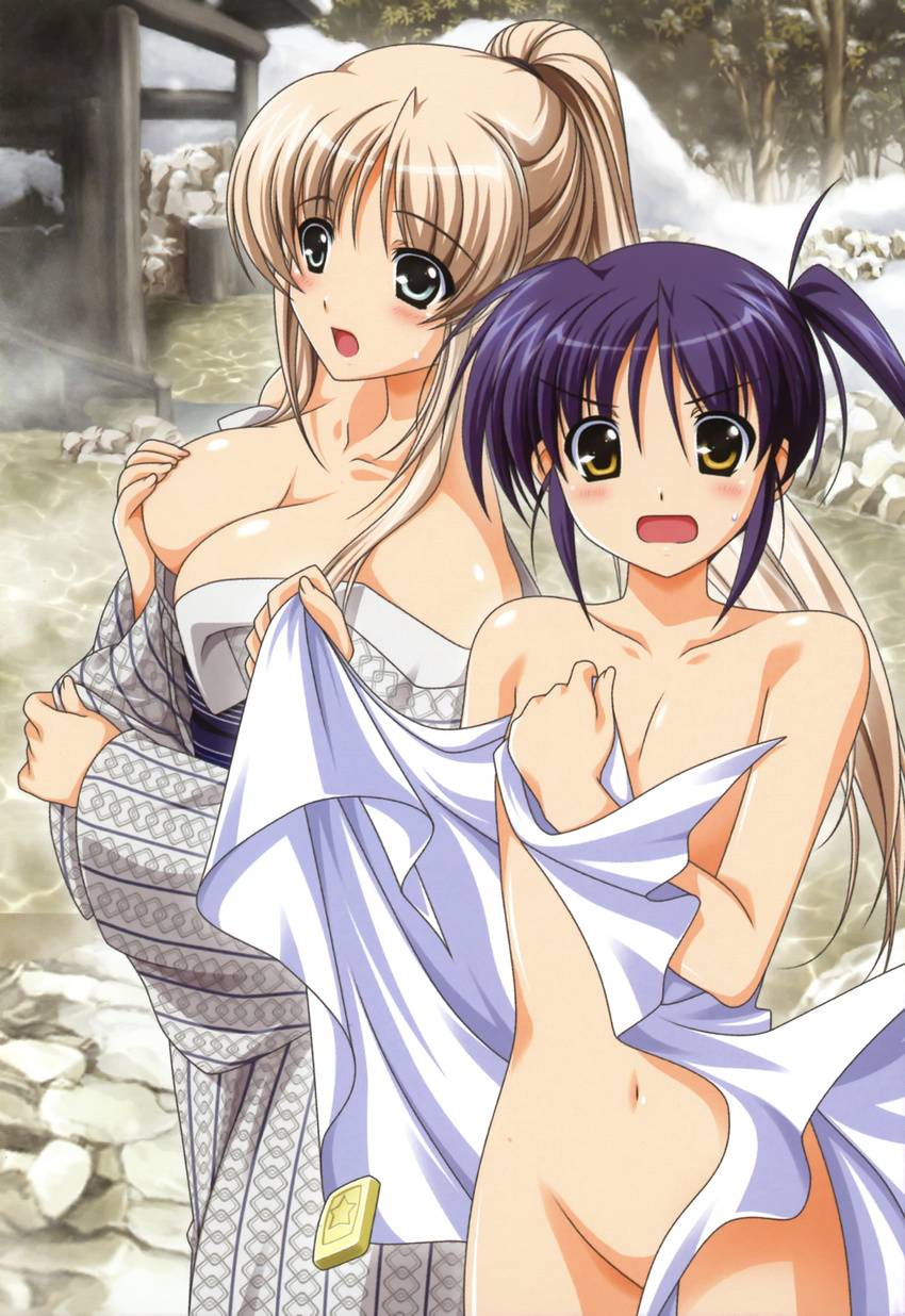 bath_yukata blue_eyes blue_hair breasts cleavage convenient_censoring covering covering_breasts flat_chest higa_yukari highres isis_eaglet japanese_clothes kimono large_breasts lily_strosek long_hair lyrical_nanoha mahou_senki_lyrical_nanoha_force multiple_girls naked_towel non-web_source onsen open_mouth ponytail soap towel very_long_hair yellow_eyes yukata