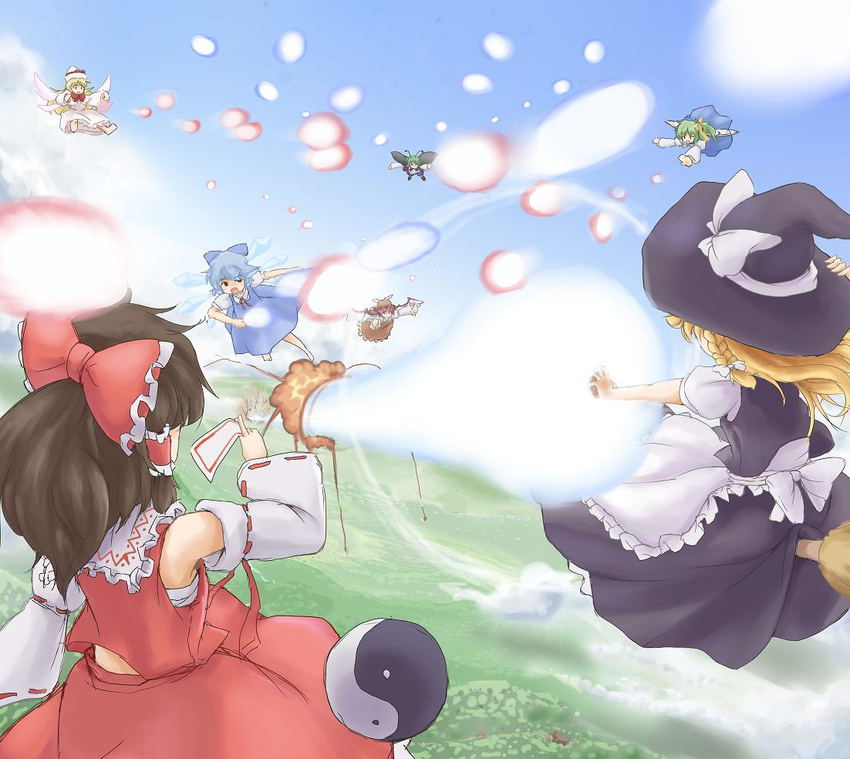 battle cirno daiyousei danmaku flying hakurei_reimu kirisame_marisa lily_white master_spark multiple_girls mystia_lorelei ruku_rx touhou wriggle_nightbug