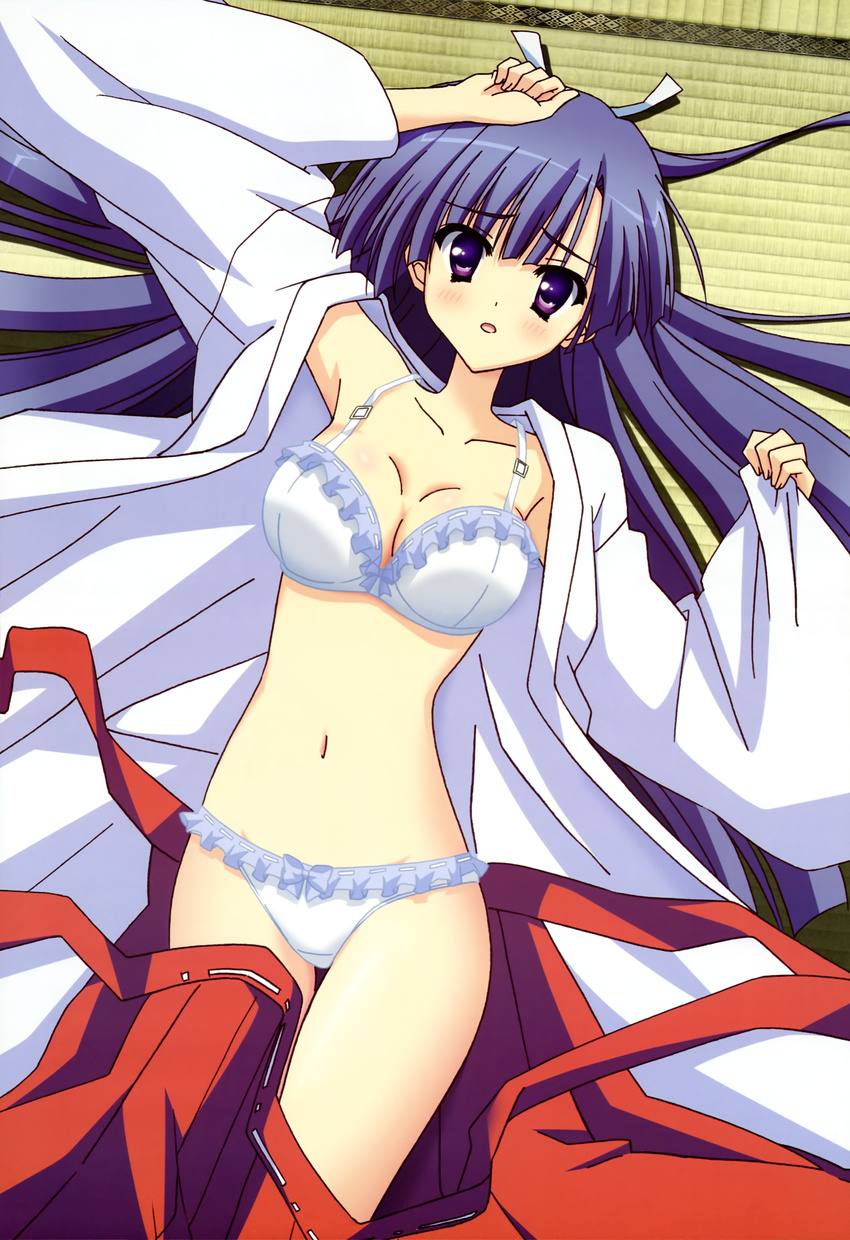 absurdres blue_hair bow bow_bra bow_panties bra breasts cleavage hair_ribbon highres hoshizora_e_kakaru_hashi japanese_clothes koumoto_madoka large_breasts lingerie long_hair lying miko navel non-web_source nyantype official_art on_back open_clothes ozaki_ayako panties purple_eyes ribbon solo underwear very_long_hair white_bra white_panties