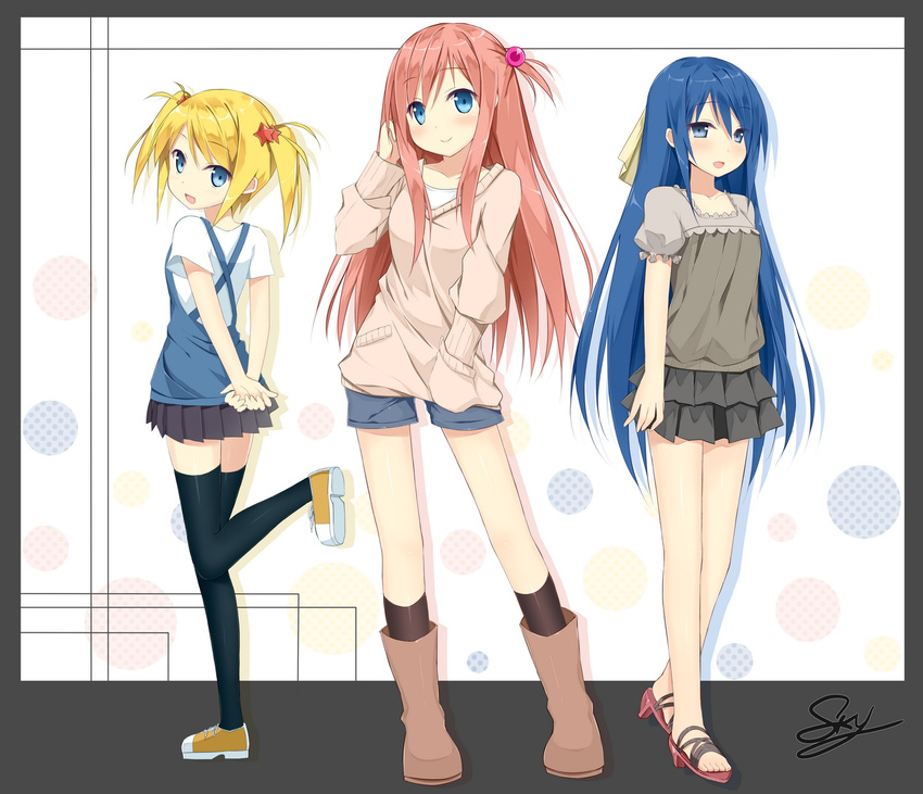 arms_behind_back bangs blonde_hair blue_eyes blue_hair boots casual full_body hair_bobbles hair_ornament hand_in_hair hand_in_pocket highres kudou_naka long_hair long_sleeves looking_at_viewer multiple_girls one_side_up original pink_hair pleated_skirt sandals short_hair shorts skirt sky_(freedom) smile standing standing_on_one_leg sweater terada_motoko thighhighs twintails ueno_kyouko