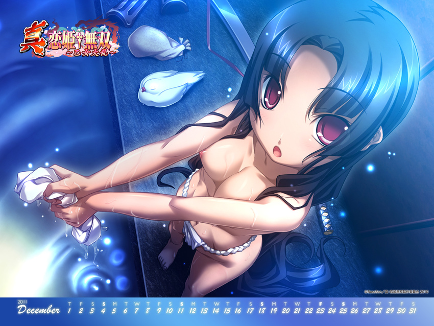 :o barefoot bird black_hair breasts calendar_(medium) from_above fundoshi highres hikage_eiji japanese_clothes koihime_musou large_breasts long_hair nipples open_mouth red_eyes shuutai solo sword topless very_long_hair wallpaper weapon