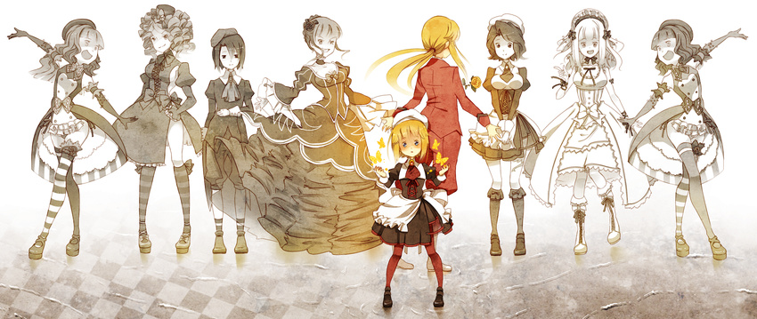 5girls ai-wa androgynous beatrice blonde_hair blue_eyes breasts clair_vaux_bernardus dress drill_hair elbow_gloves flower formal frills furfur gaap gloves hat highres kanon_(umineko) long_hair maid medium_breasts multiple_boys multiple_girls multiple_persona necktie otoko_no_ko pantyhose ponytail ribbon rose shannon short_hair skirt small_breasts smile spoilers thighhighs umineko_no_naku_koro_ni ushiromiya_lion yasu_(umineko) yellow_flower yellow_rose zepar