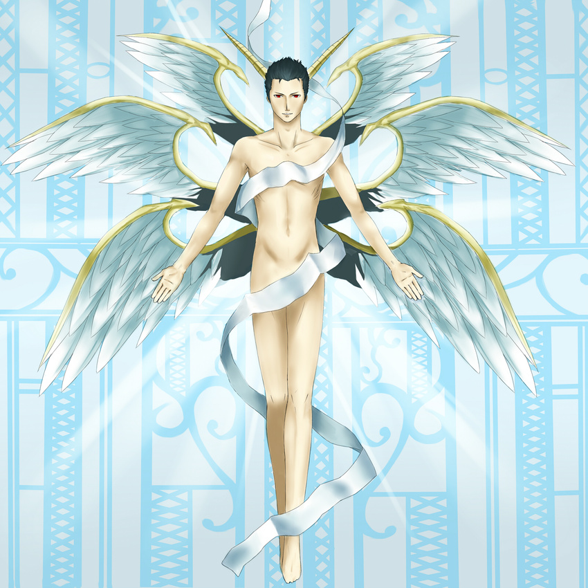 angel atlus black_hair character_request el_shaddai feathers full_body helel highres horns lucifel_(el_shaddai) lucifer male male_focus nude parody red_eyes shin_megami_tensei solo source_request wings