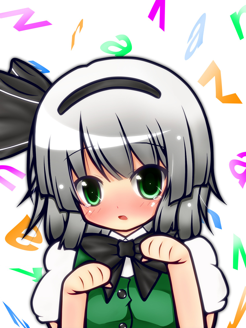 absurdres black_hairband blue_eyes blush green_eyes hairband highres konpaku_youmu mofumyu nyanyanyanyanyanyanya!_(vocaloid) paw_pose short_hair silver_hair solo tears touhou upper_body vest vocaloid