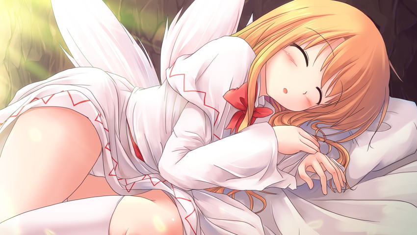 blonde_hair capelet closed_eyes dress highres lily_white lying lzh no_hat no_headwear on_side panties sleeping solo touhou underwear wallpaper white_panties wings