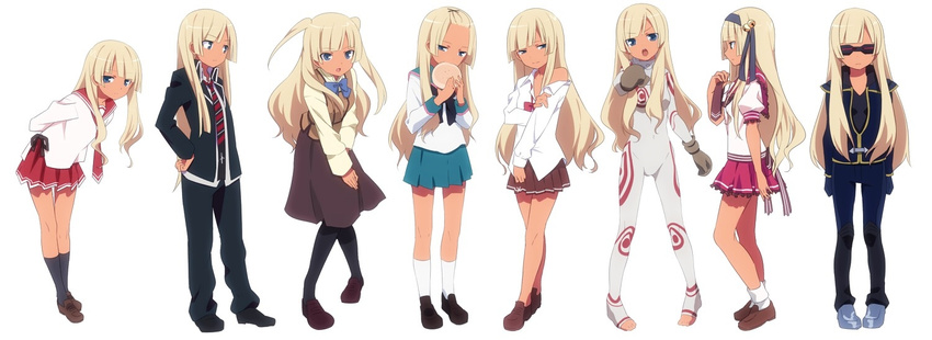 2011 a_channel ao_no_exorcist bad_id bad_pixiv_id bangs barefoot black_legwear blonde_hair blue_eyes blunt_bangs blush cosplay costume_chart cyclops_(x-men) cyclops_(x-men)_(cosplay) dark_skin deadman_wonderland denpa_onna_to_seishun_otoko formal hidan_no_aria hime_cut hinata_ibuki hinata_ibuki_(cosplay) hoshizora_e_kakaru_hashi legs long_hair maria_holic marvel multiple_persona necktie off_shoulder open_mouth original pantyhose sama school_uniform serafuku shidou_mariya shidou_mariya_(cosplay) shiro_(deadman_wonderland) shiro_(deadman_wonderland)_(cosplay) simple_background smile striped striped_neckwear suit sunglasses tan touwa_erio touwa_erio_(cosplay) white_background x-men