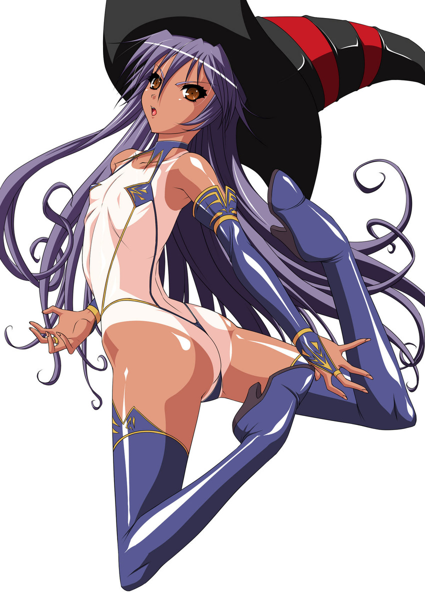 aoi_nagisa_(artist) arched_back armpits ass back blue_hair blue_legwear boots bridal_gauntlets brown_eyes flat_chest flexible floating from_behind gloves hajime_shindo hat high_heel_boots high_heels highres kobayakawa_sara latex latex_boots latex_gloves legs legs_up long_gloves long_hair looking_back magical_arms_angel_nana one-piece_tan one-piece_thong open_mouth panties partially_visible_vulva purple_hair shiny shiny_skin shoes simple_background sling_bikini solo spread_legs striped swimsuit tan tanline tanned thigh_boots thighhighs thong underwear very_long_hair white_background witch witch_hat