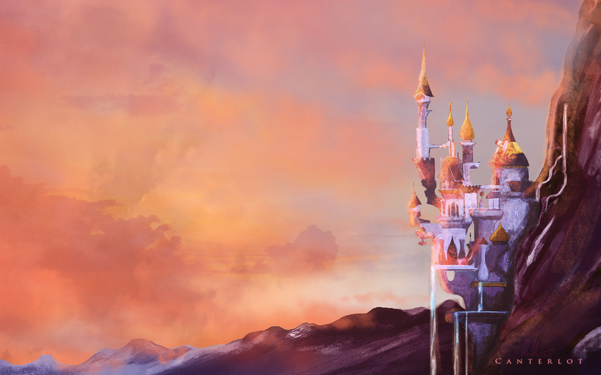 1920x1200 2011 ambiguous_gender canterlot castle cloud cosmicunicorn friendship_is_magic hi_res iram mountain my_little_pony scenery sunset wallpaper water waterfall widescreen