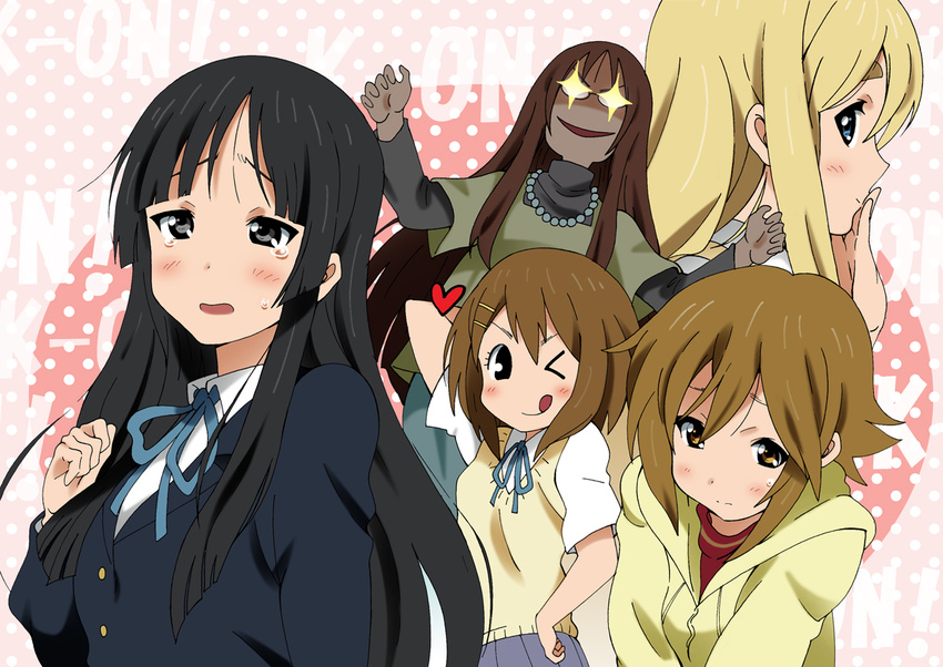 5girls akiyama_mio alternate_hairstyle black_eyes black_hair blonde_hair blue_eyes brown_eyes brown_hair hair_down hirasawa_yui hood hoodie k-on! kotobuki_tsumugi long_hair md5_mismatch multiple_girls one_eye_closed school_uniform short_hair tainaka_ritsu tears tongue yamanaka_sawako yamasaki_wataru