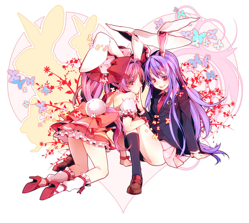 :p ai_(warekaku) animal_ears arm_support bare_shoulders black_legwear blazer bow bug bunny bunny_ears bunny_tail butterfly colored_eyelashes crossover di_gi_charat dice eyelashes hair_bow heart high_heels insect jacket kneehighs kneeling leg_warmers loafers long_hair looking_back miniskirt multiple_girls necktie pink_eyes pink_hair pleated_skirt red_eyes reisen_udongein_inaba shoes sitting skirt tail tongue tongue_out touhou usada_hikaru