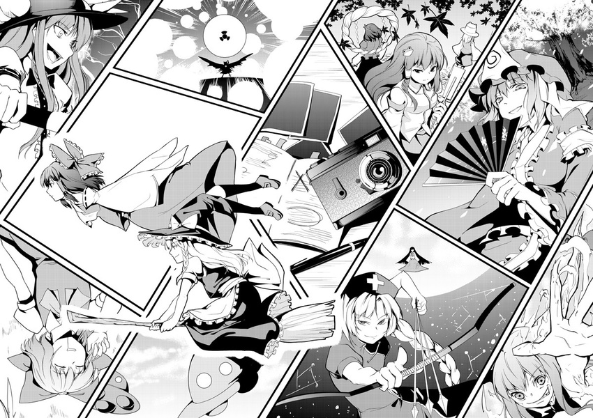 apron bad_id bad_pixiv_id blouse bow bow_(weapon) braid broom broom_riding camera cirno closed_eyes comic constellation detached_sleeves dress evil_grin evil_smile fan flying folding_fan food frog fruit full_moon gohei greyscale grin hair_bow hair_ornament hair_tubes hakurei_reimu hat hat_bow hinanawi_tenshi horns houraisan_kaguya ibuki_suika kirisame_marisa kochiya_sanae laughing long_hair monochrome moon moriya_suwako multiple_girls peach radiation_symbol reiuji_utsuho rope saigyouji_yuyuko saliva shimenawa short_hair skirt sleeping smile snake sword_of_hisou touhou tsurukame ufo very_long_hair weapon witch_hat yagokoro_eirin yasaka_kanako