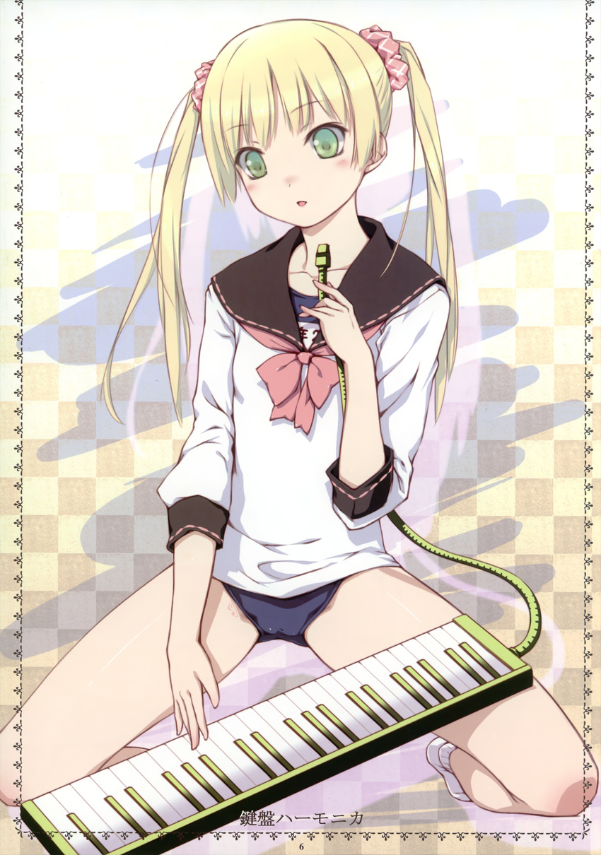 absurdres blonde_hair blush flat_chest green_eyes highres instrument keyboard_(instrument) long_hair melodica one-piece_swimsuit ooji open_mouth original school_swimsuit school_uniform sitting smile solo spread_legs swimsuit swimsuit_under_clothes twintails