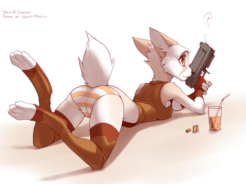 bullet butt canine claws clothed clothing coonkun digitigrade drink female gun hindpaw legwear lying mammal on_front paws pistol plain_background raised_leg raised_tail ranged_weapon skimpy solo straw tail toeless_socks underwear vala weapon white_background wolfy-nail