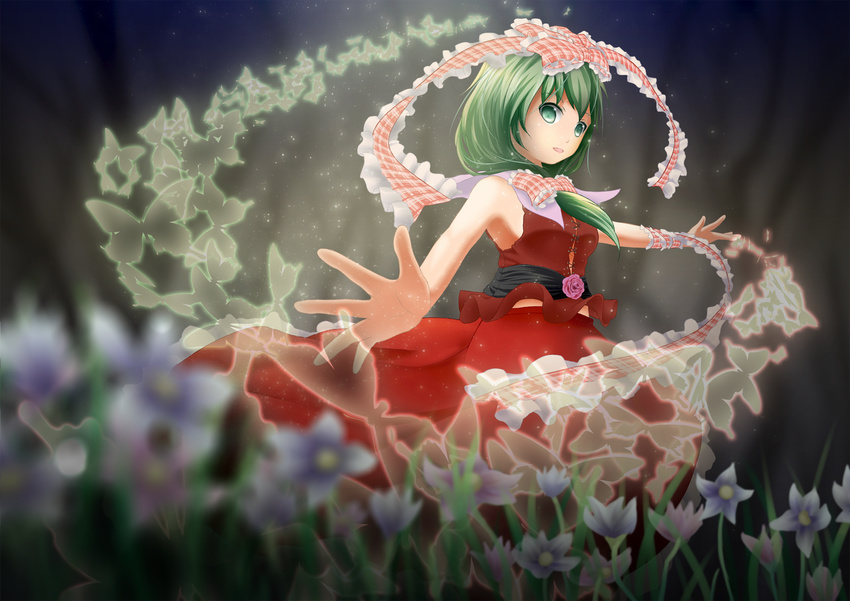 bow bug butterfly dress flower frills front_ponytail green_eyes green_hair hair_bow hair_ornament hair_ribbon highres insect kagiyama_hina masatome ribbon sleeveless solo touhou