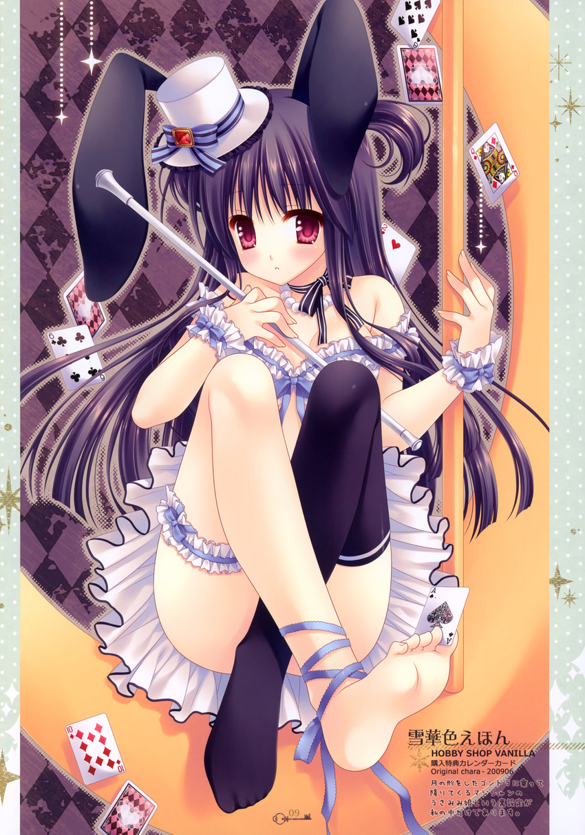 absurdres animal_ears arm_garter bare_shoulders barefoot baton between_toes blush bunny_ears card convenient_leg falling_card feet floating_card foot_hold hat highres jewelry leg_garter long_legs mini_hat mini_top_hat necklace original playing_card purple_hair red_eyes ribbon single_thighhigh soles solo tatekawa_mako thighhighs top_hat wrist_cuffs