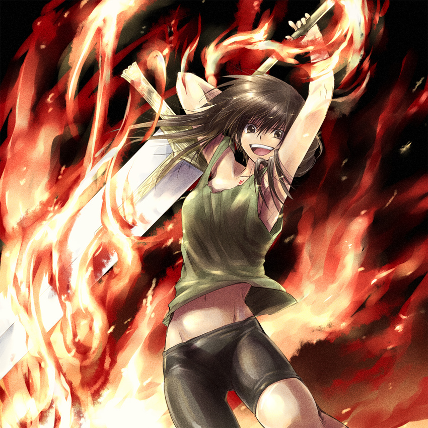 armpits arms_up bike_shorts brown_eyes brown_hair collarbone fire highres huge_weapon light_smile midriff navel open_mouth original shorts solo sword tank_top tatsuki_maki tattoo weapon