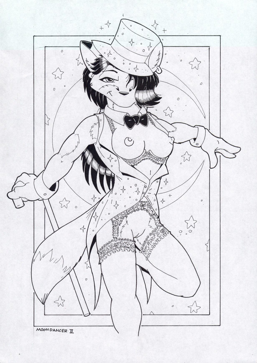 bottomless bow cane cloak collar dancing female hat hi_res lingerie loupgarou one_eye_closed open_shirt performance showgirl sketch solo sparkles stockings suspenders top_hat wink