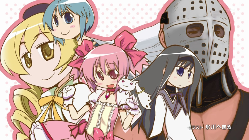 4girls :d akemi_homura end_card hair_ribbon hikawa_hekiru kaname_madoka lord_humungus mad_max mahou_shoujo_madoka_magica mask miki_sayaka multiple_girls non-web_source open_mouth polka_dot polka_dot_background ribbon screencap smile tomoe_mami