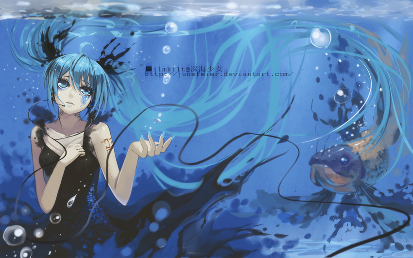 aqua_eyes aqua_hair bubble cable dress fish hand_on_own_chest hatsune_miku head_tilt headset ilmkilt long_hair shinkai_shoujo_(vocaloid) solo twintails underwater very_long_hair vocaloid watermark