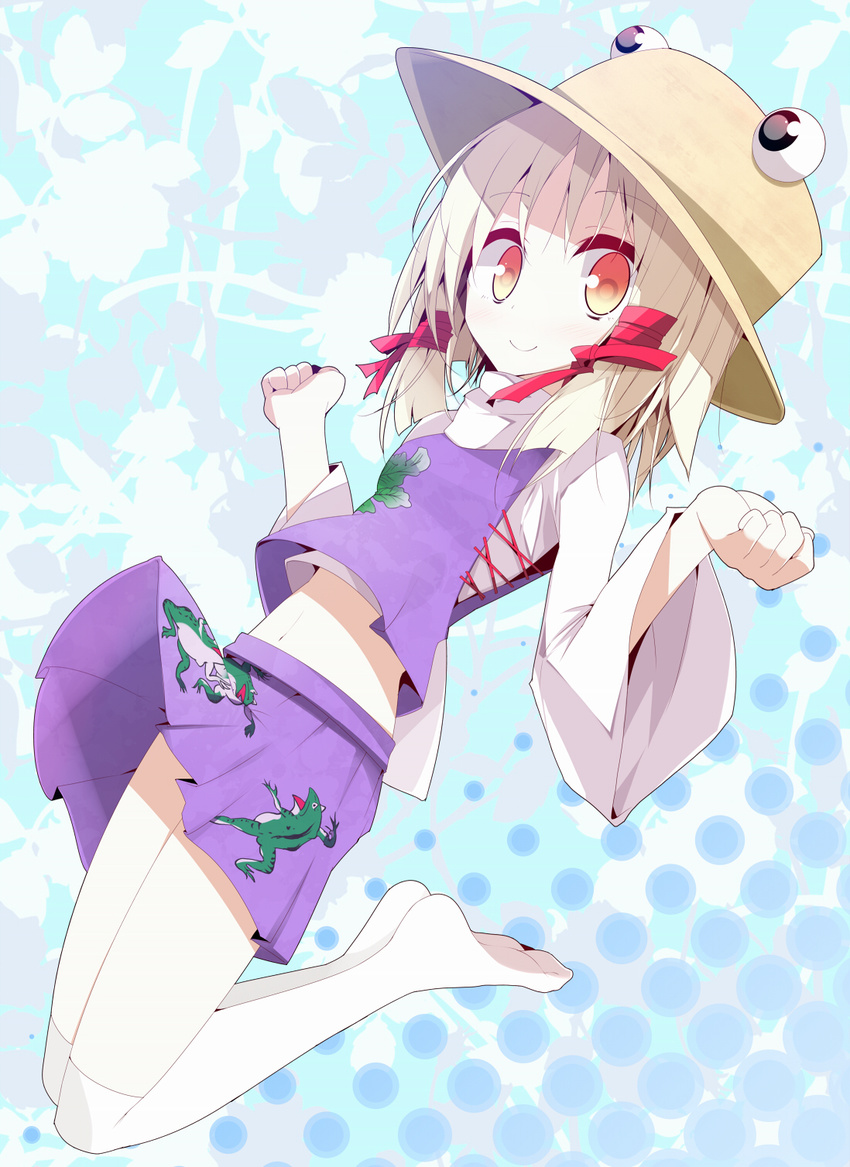 bad_id bad_pixiv_id blonde_hair clenched_hands forearms_at_chest hat highres jumping looking_at_viewer midriff moriya_suwako oouso over-kneehighs purple_skirt red_eyes revision skirt smile solo thighhighs touhou white_legwear