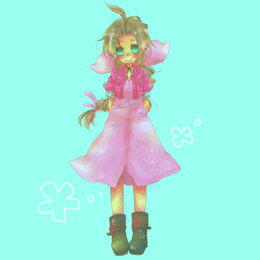 aerith_gainsborough boots bow braid brown_hair choker cropped_jacket dress final_fantasy final_fantasy_vii green_eyes hair_ribbon highres long_hair pink_bow pink_dress ribbon single_braid solo very_long_hair wagamama17