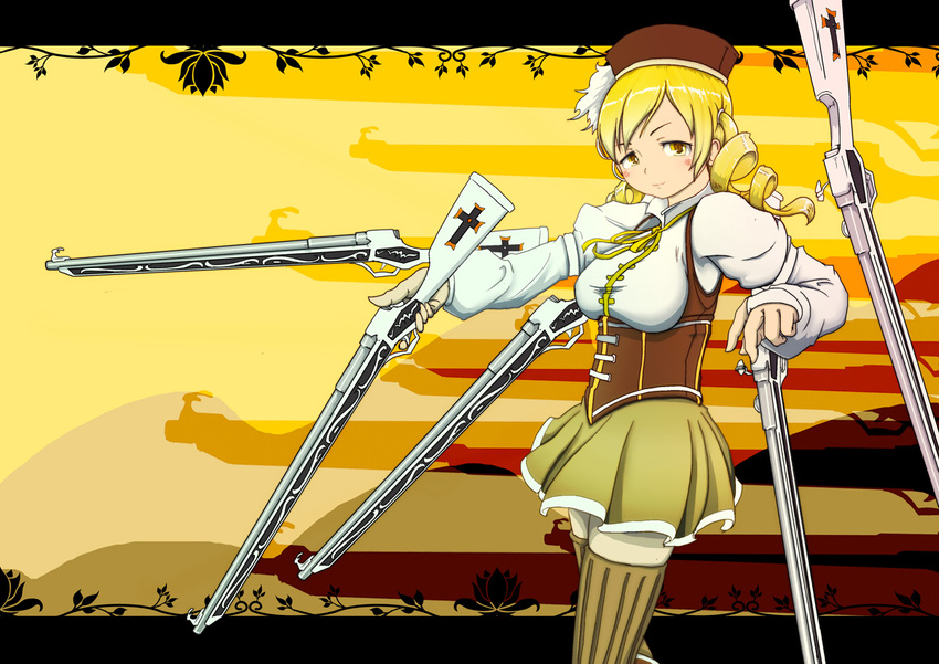 beret blonde_hair breasts cross drill_hair gun hair_ornament hat large_breasts letterboxed magical_girl magical_musket mahou_shoujo_madoka_magica murakumo1987 pleated_skirt puffy_sleeves rifle skirt solo thighhighs tomoe_mami weapon yellow_eyes