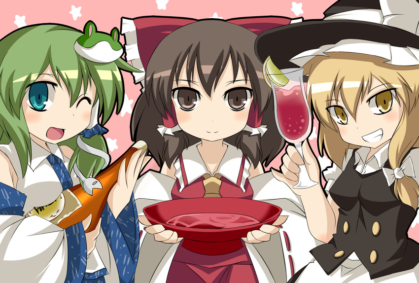 alcohol bad_id bad_pixiv_id black_eyes black_hair blonde_hair blue_eyes green_eyes hakurei_reimu highres kirisame_marisa kochiya_sanae kotomi_(happy_colors) multiple_girls touhou yellow_eyes