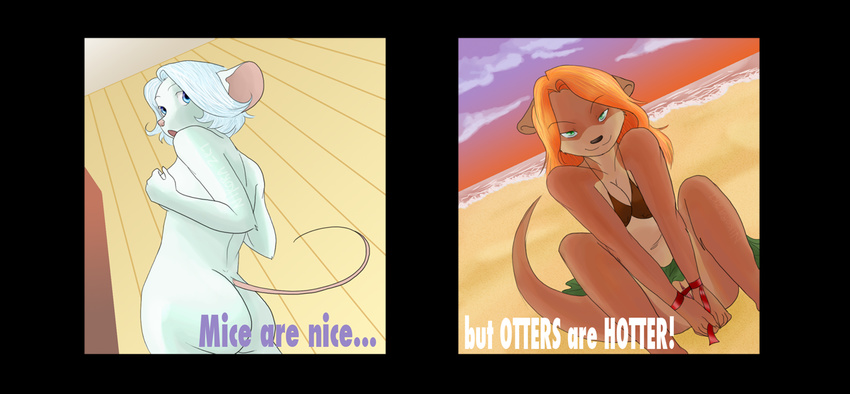 beach bikini blue_eyes butt female looking_at_viewer mouse nikora_angeli nude otter pussy rodent seaside skimpy