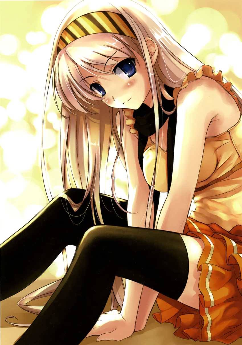 absurdres black_legwear blonde_hair blue_eyes blush boku_to_kanojo_ni_furu_yoru hairband highres long_hair misaki_kurehito sitting skirt solo thighhighs yorumirumi_stolenberg zettai_ryouiki