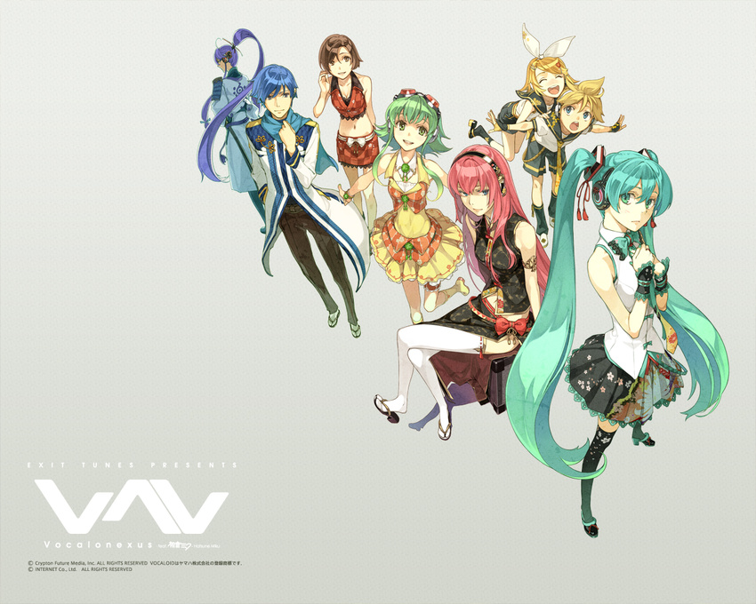 5girls adapted_costume album_cover alternate_costume aqua_eyes aqua_hair bare_shoulders black_legwear blonde_hair blue_eyes blue_hair blue_scarf boots bow bowtie bracelet breasts brown_eyes brown_hair checkered cleavage closed_eyes cover dress floral_print flower goggles goggles_on_head green_eyes green_hair gumi hair_ornament hair_ribbon hairband hairclip hands_on_own_chest hatsune_miku headphones hidari_(left_side) jewelry kagamine_len kagamine_rin kaito kamui_gakupo kneehighs leg_up leg_warmers long_hair looking_back medium_breasts megurine_luka meiko midriff multiple_boys multiple_girls navel necktie open_mouth outstretched_arms pink_hair ponytail print_legwear purple_hair ribbon sailor_collar sandals scarf short_hair shorts siblings sitting skirt slim_legs small_breasts smile socks spread_arms thighhighs twins twintails very_long_hair vocaloid wallpaper white_legwear wrist_cuffs zettai_ryouiki