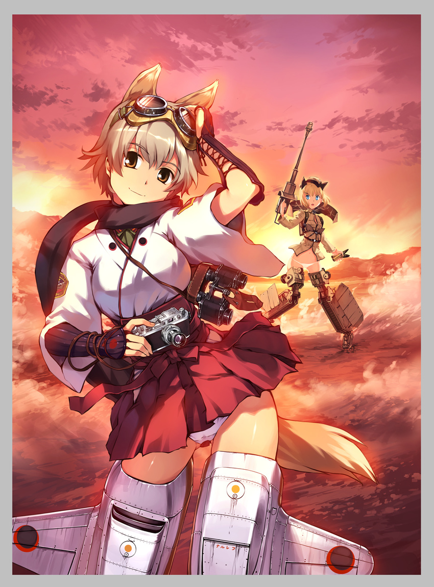 animal_ears bad_id bad_pixiv_id binoculars brown_eyes camera charlotte_lueder goggles goggles_on_head ground_vehicle highres katou_keiko military military_vehicle motor_vehicle multiple_girls nogami_takeshi panties short_hair spoilers striker_unit tank the_witches_of_the_sphinx underwear weapon windowboxed world_witches_series