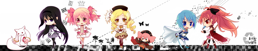 akemi_homura bad_id bad_pixiv_id beret black_flower black_hair black_rose blonde_hair blue_eyes blue_hair bubble_skirt bug butterfly cape chair checkered chibi crown cup dotted_line drill_hair everyone flower food hairband hat highres hourglass ice_cream insect kaname_madoka kyubey long_hair long_image magical_girl mahou_shoujo_madoka_magica miki_sayaka miyu_(matsunohara) mouth_hold multiple_girls musical_note pink_eyes pink_hair polearm ponytail puffy_sleeves purple_eyes red_eyes red_hair rose sakura_kyouko short_hair skirt spear sword teacup thighhighs tomoe_mami twin_drills twintails weapon wide_image yellow_eyes